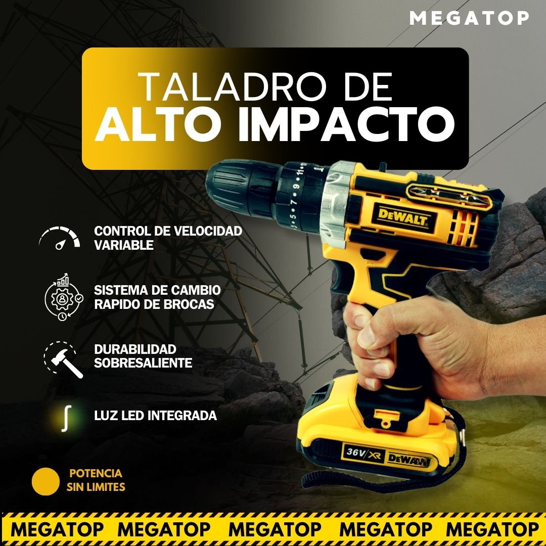 KIT DEWALT: TALADRO DE ALTO IMPACTO + 26 ACCESORIOS + 2 BATERIAS - CIERRE DE LA TIENDA